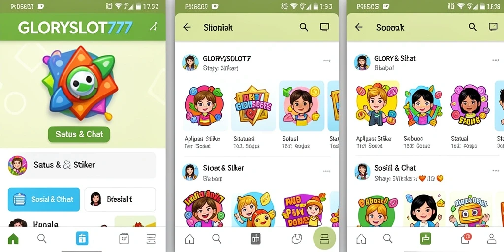 Antarmuka aplikasi GLORYSLOT777 dengan stiker dan status menarik.